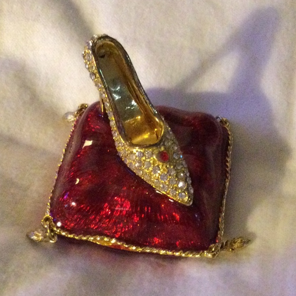 Rhinestone Shoe on Red Pillow Trinket Box